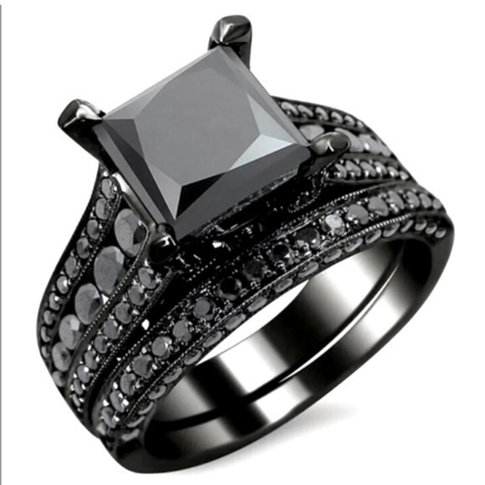 Cz black onyx gunmetal hers ring set wedding anniversary birthday